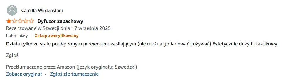 Jedna z opinii, jaką możemy znaleźć w serwisie Amazon.pl. Źródło: zrzut ekranu ze strony Amazon.pl