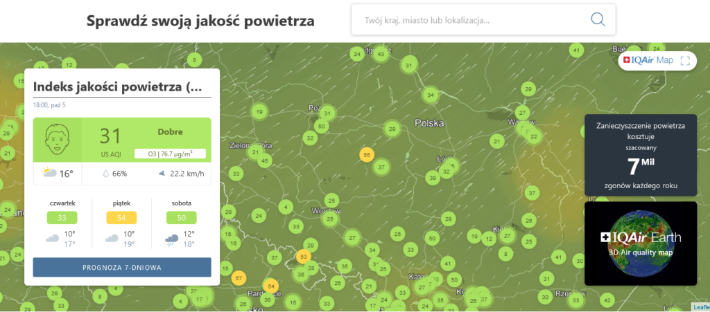 Indeks AQI na stronie IQair screenshot z mapą Polski