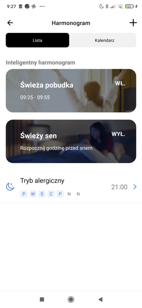 Opcja pobudki w aplikacji mobilnej Philips Air+.