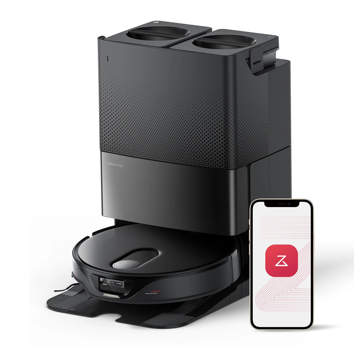 Roborock Qrevo Slim ze stacją dokująco-opróżniającą i aplikacja mobilną Roborock. Materiały producenta Roborock