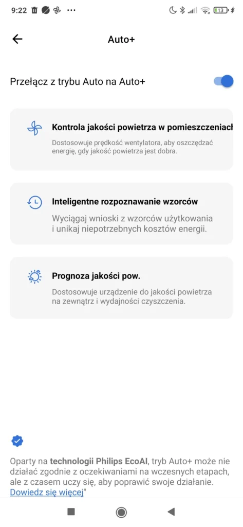 Zrzut ekranu z aplikacji Air+ dla Philips AC3221/10.