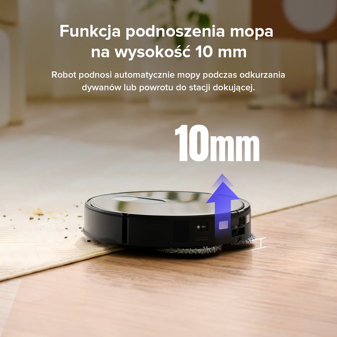 Unoszenie mopów na wys. 10 mm przez Roborock QRevo Slim