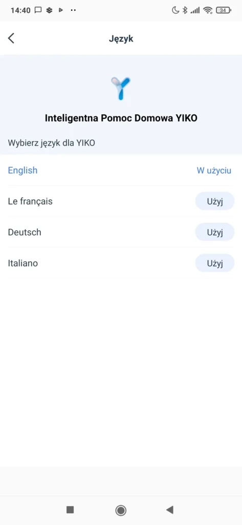 Asystent glosowy YIKO. Wybór języka aplikacji. Materiały własne Ranking-Oczyszczaczy.pl